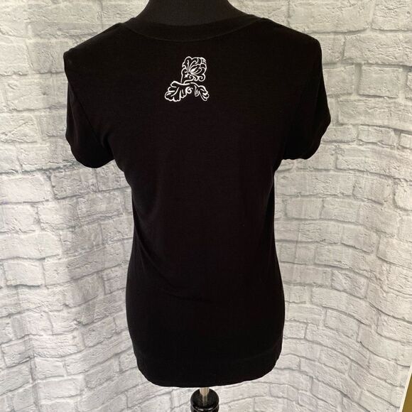 White House black market scoopneck top w/silver studded floral print women sz M - Picture 8 of 10